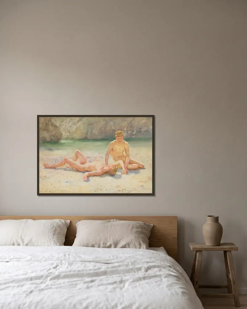 Badende Gruppe (Mittagshitze) von Henry Scott Tuke gerahmt an einer Wand