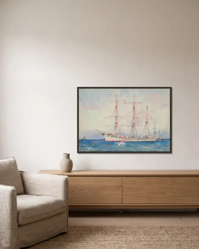 French Windjammer At Anchor Signed And Indistinctly av Henry Scott Tuke inramad på en vägg