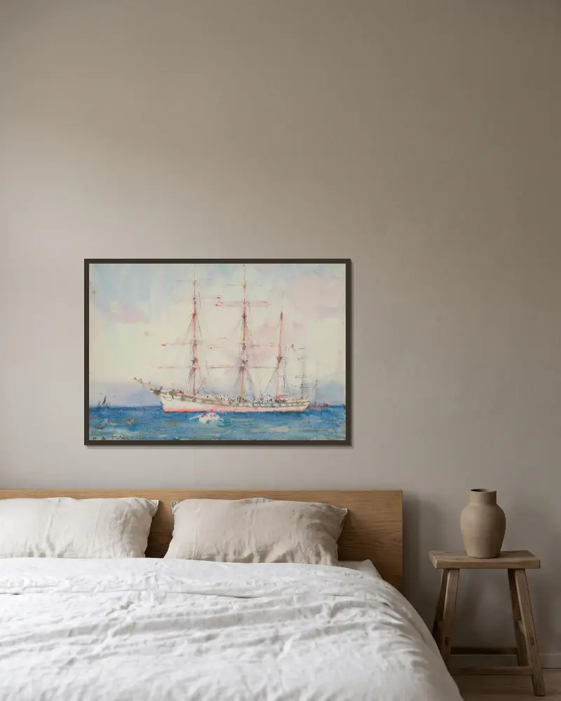 French Windjammer At Anchor Signed And Indistinctly av Henry Scott Tuke inramad på en vägg