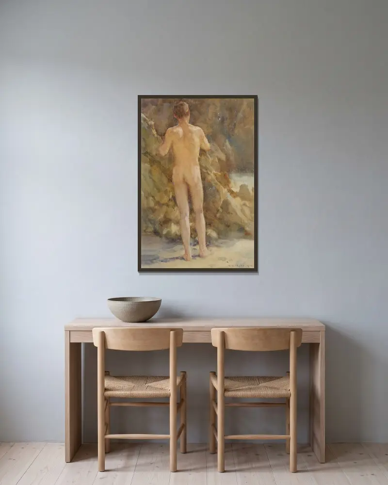 Manlig nakenstudie vid havet av Henry Scott Tuke inramad på en vägg