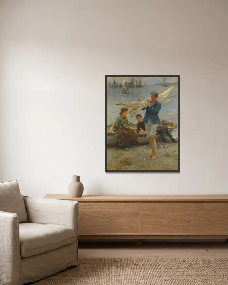 Rückkehr vom Fischfang von Henry Scott Tuke gerahmt an einer Wand