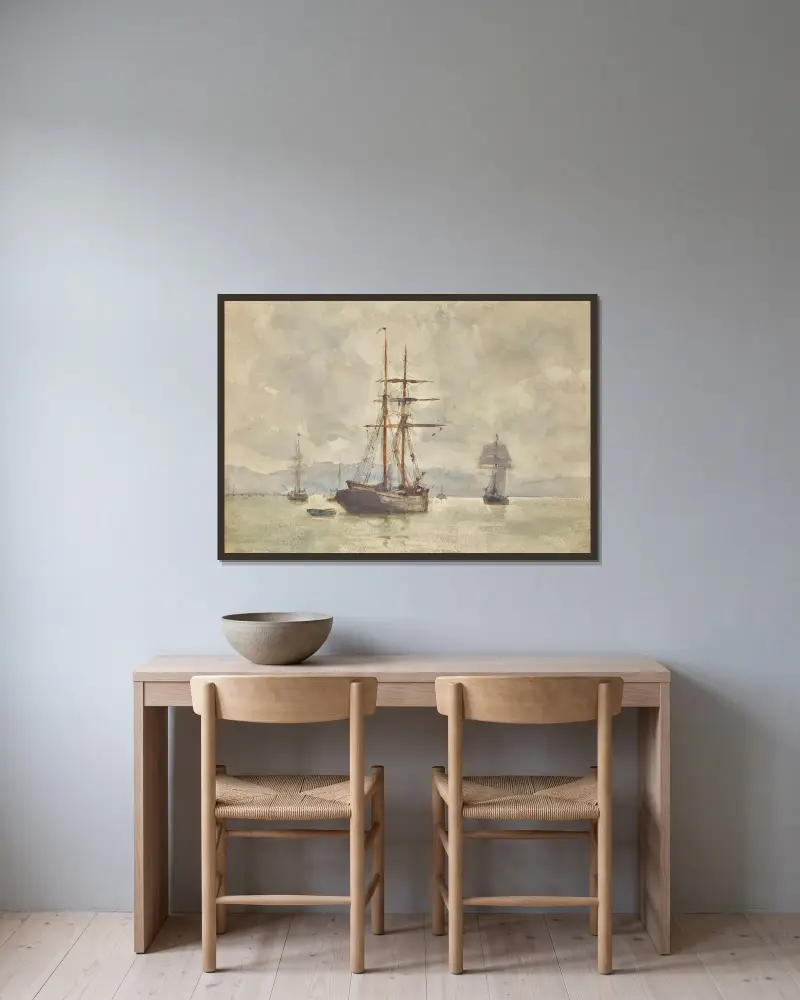 Segelschiffe vor Anker von Henry Scott Tuke gerahmt an einer Wand