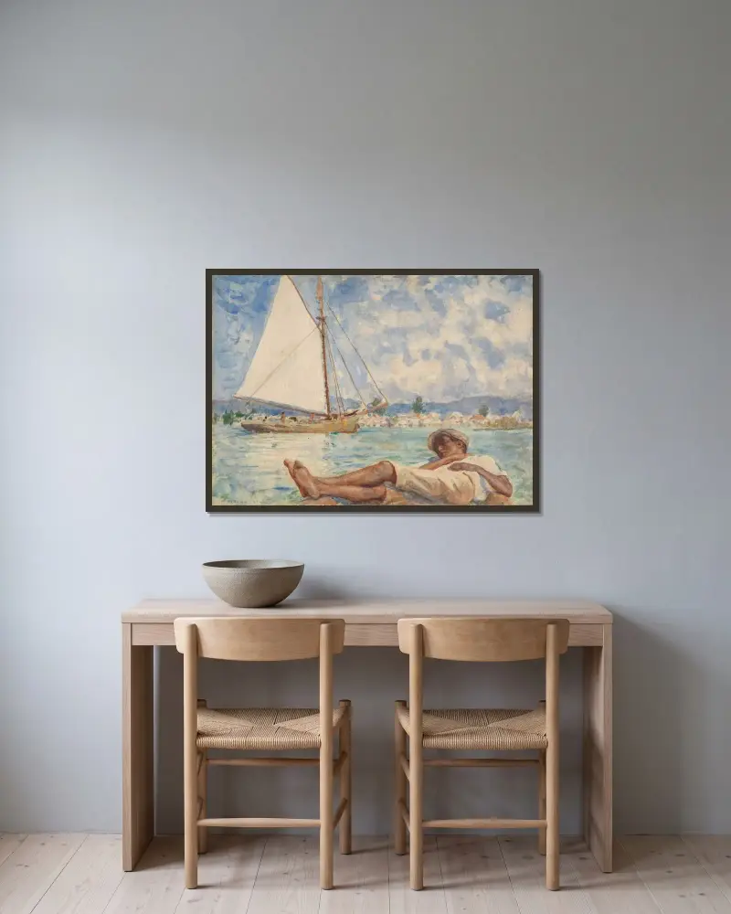Soliga timmar i Jamaica av Henry Scott Tuke inramad på en vägg