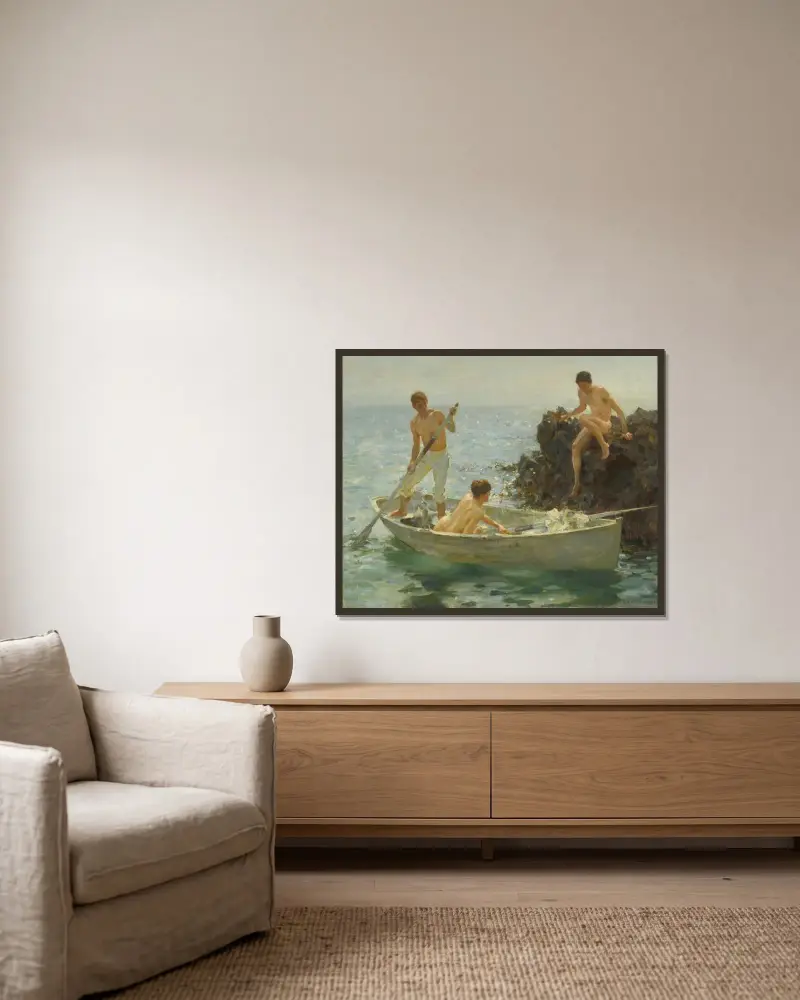 Badbukten av Henry Scott Tuke inramad på en vägg