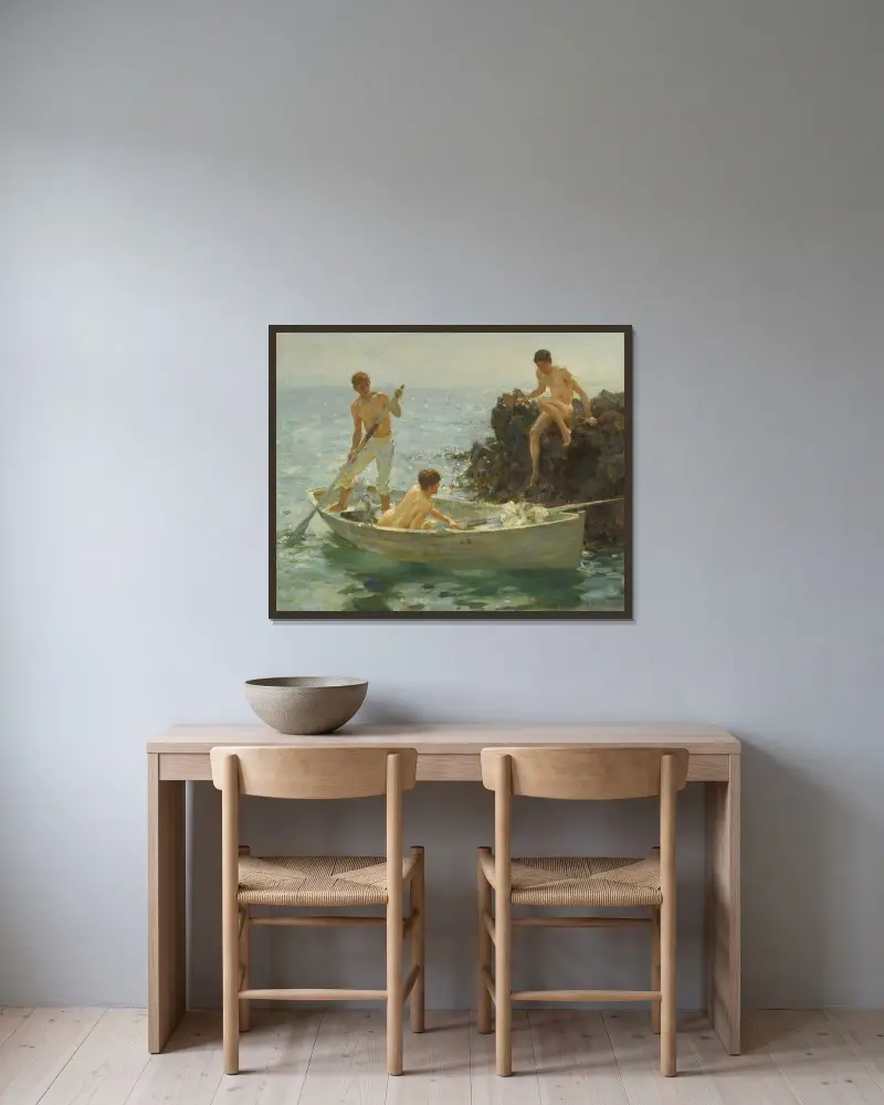 Badbukten av Henry Scott Tuke inramad på en vägg