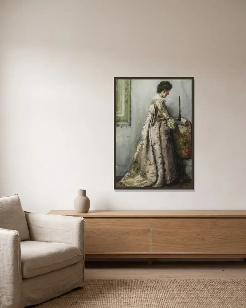 Sidenklänningen, porträtt av Maria Tuke Sainsbury av Henry Scott Tuke inramad på en vägg