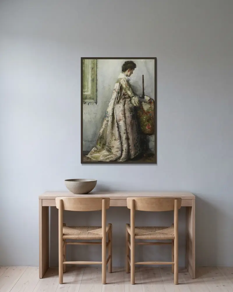 Sidenklänningen, porträtt av Maria Tuke Sainsbury av Henry Scott Tuke inramad på en vägg