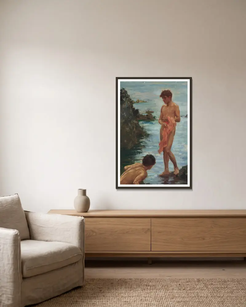 Variante einer badenden Gruppe von Henry Scott Tuke gerahmt an einer Wand