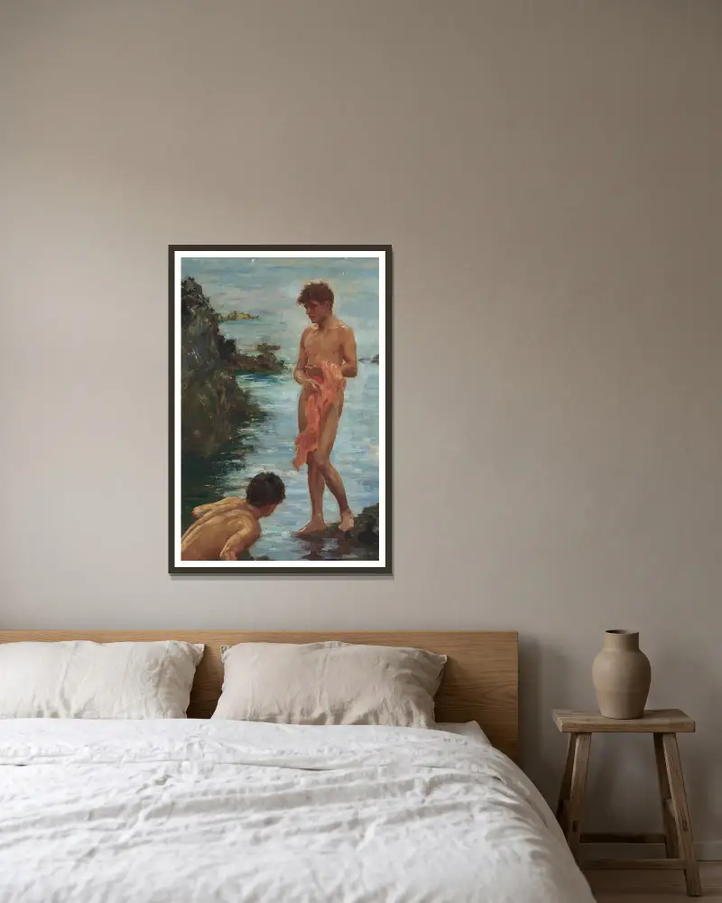 Variante einer badenden Gruppe von Henry Scott Tuke gerahmt an einer Wand