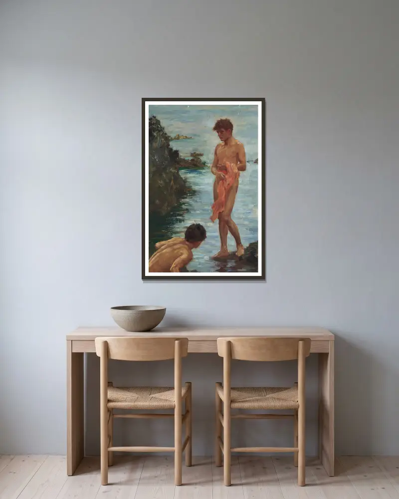 Variante einer badenden Gruppe von Henry Scott Tuke gerahmt an einer Wand