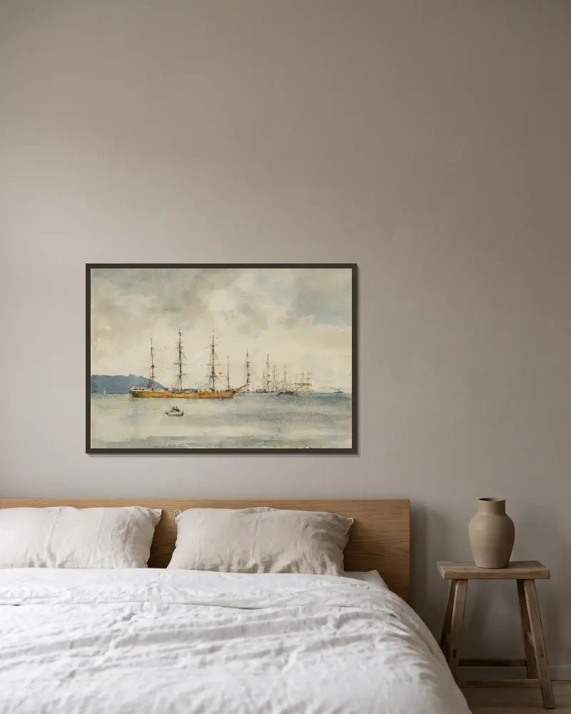 Windjammers In Falmouth Harbour av Henry Scott Tuke inramad på en vägg