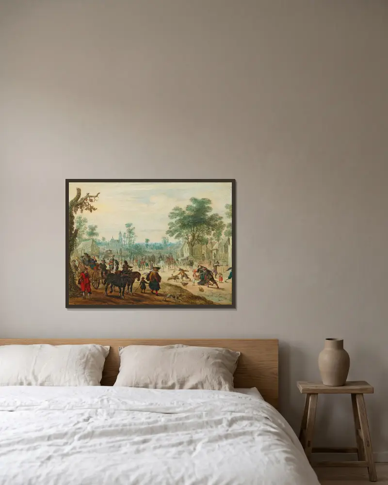 A village with numerous figures on a road av Sebastian Vrancx inramad på en vägg