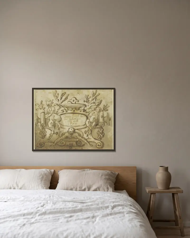 Frontispiz mit Ornamentkartusche, flankiert von zwei Satyrn von Sebastian Vrancx gerahmt an einer Wand