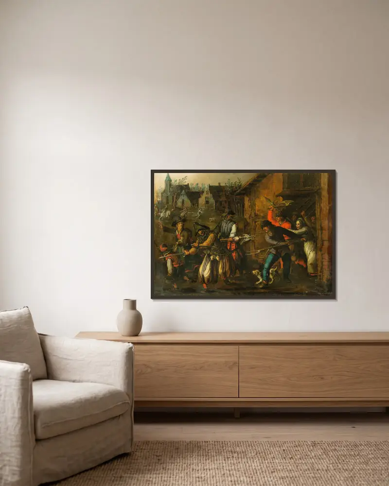 Plünderungsszene von Sebastian Vrancx gerahmt an einer Wand