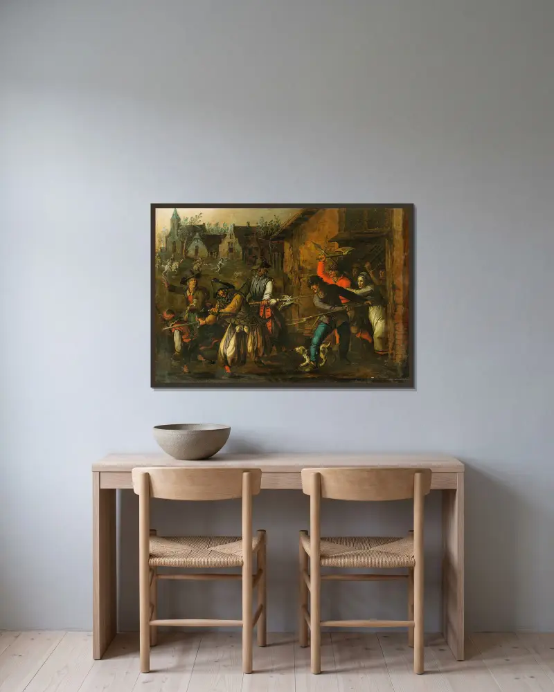 Plünderungsszene von Sebastian Vrancx gerahmt an einer Wand