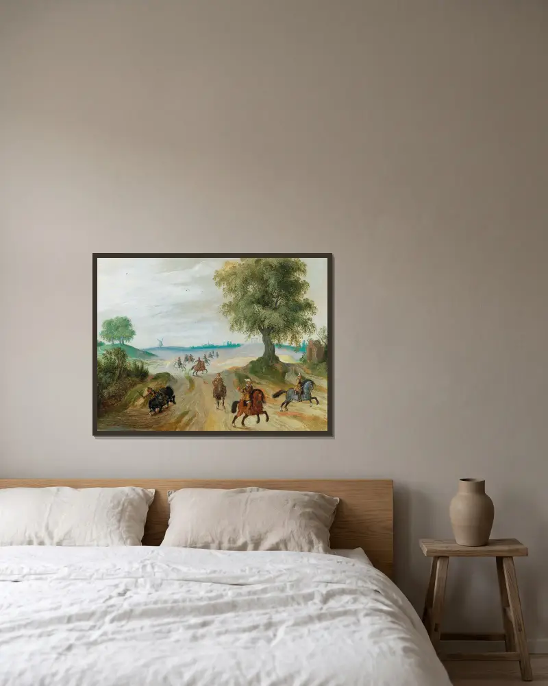 Reiter in einer Landschaft von Sebastian Vrancx gerahmt an einer Wand