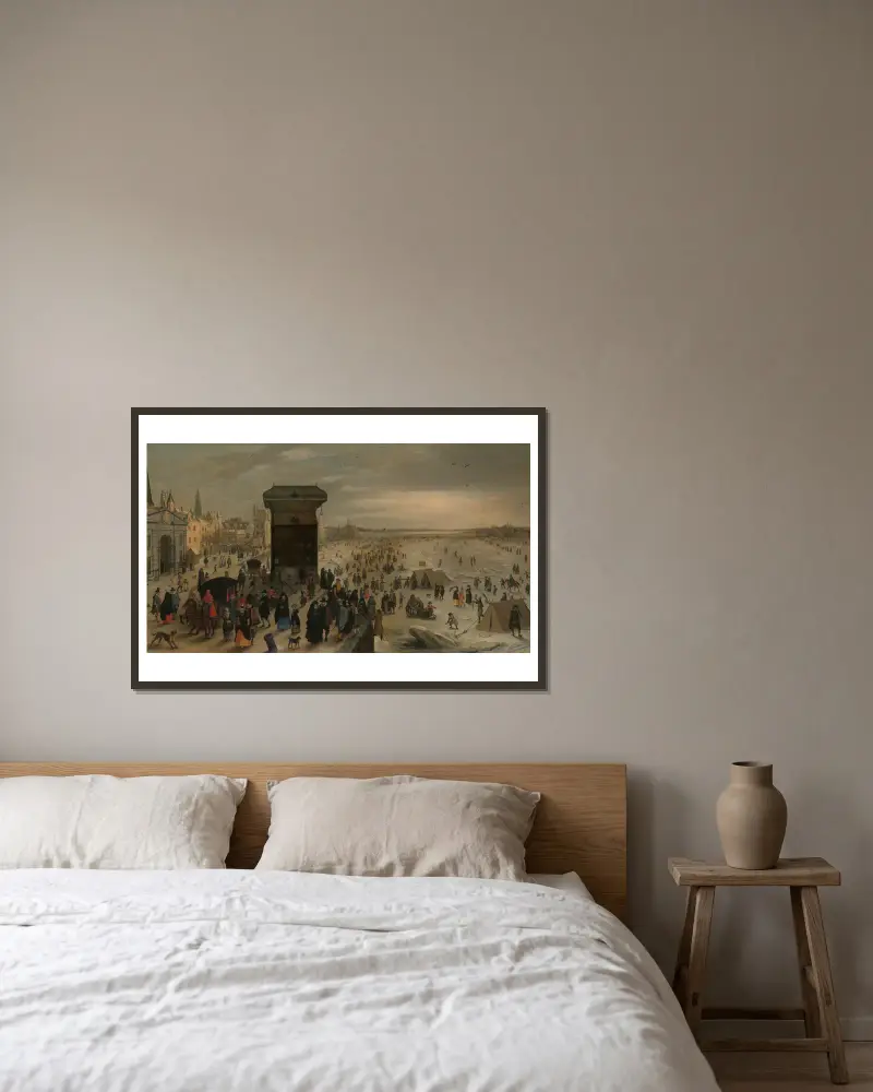 The Crane on the Antwerp Quay by the Frozen Scheldt av Sebastian Vrancx inramad på en vägg