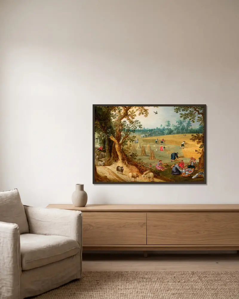The Harvest, allegory of Summer av Sebastian Vrancx inramad på en vägg