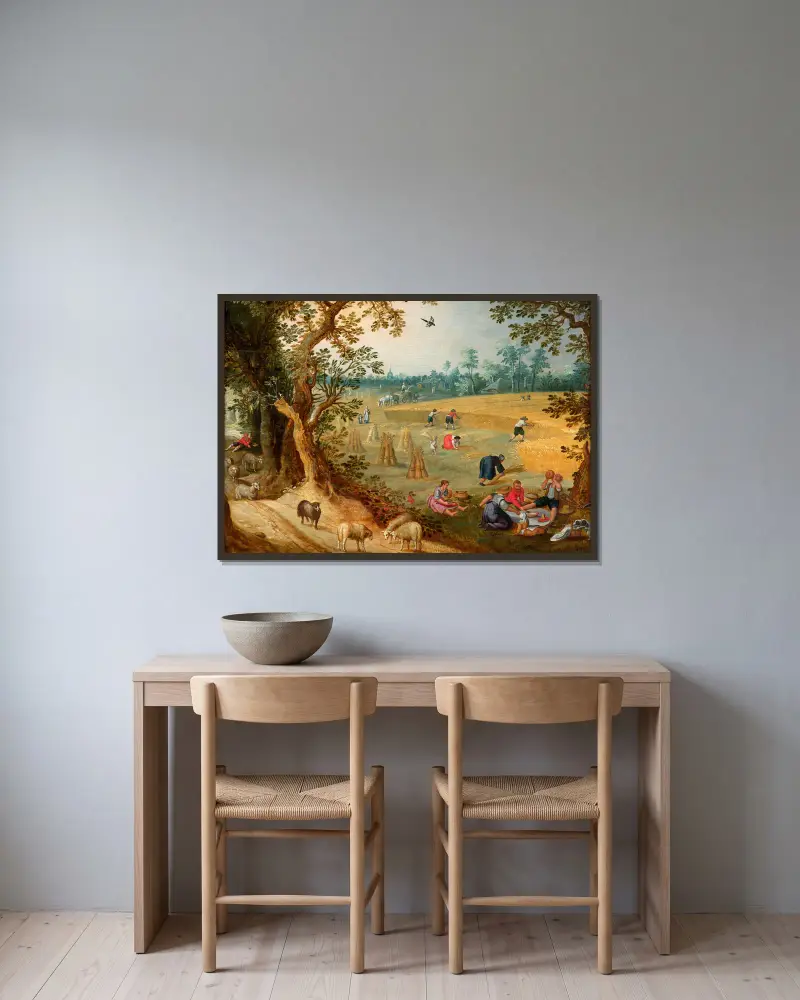 The Harvest, allegory of Summer av Sebastian Vrancx inramad på en vägg