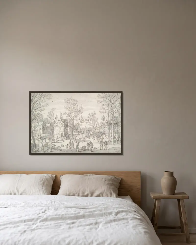 Winter Scene in the City av Sebastian Vrancx inramad på en vägg