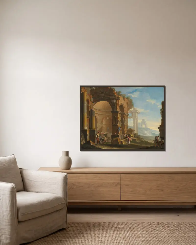 A capriccio with figures conversing by classical ruins av Sebastiano Ricci inramad på en vägg