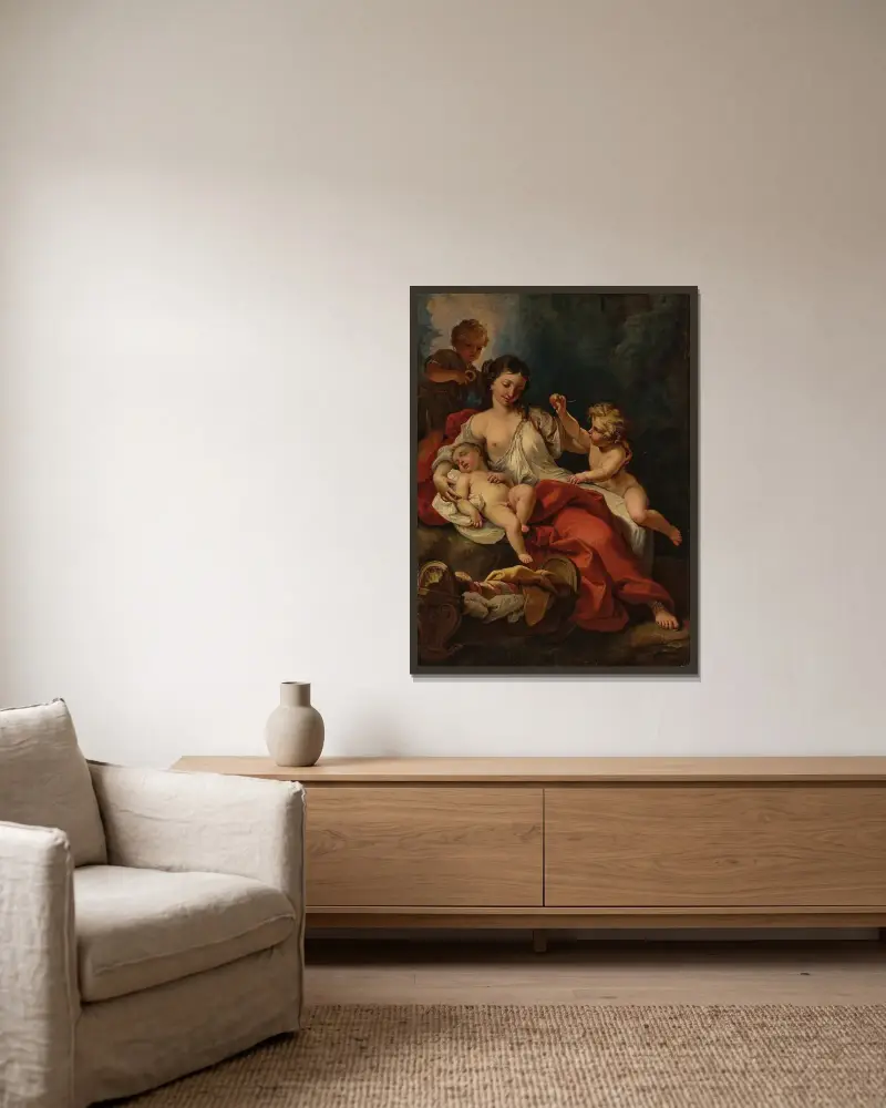 Allegorie der Nächstenliebe von Sebastiano Ricci gerahmt an einer Wand