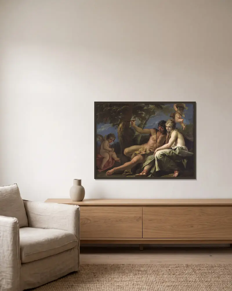 Angelica and Medoro av Sebastiano Ricci inramad på en vägg
