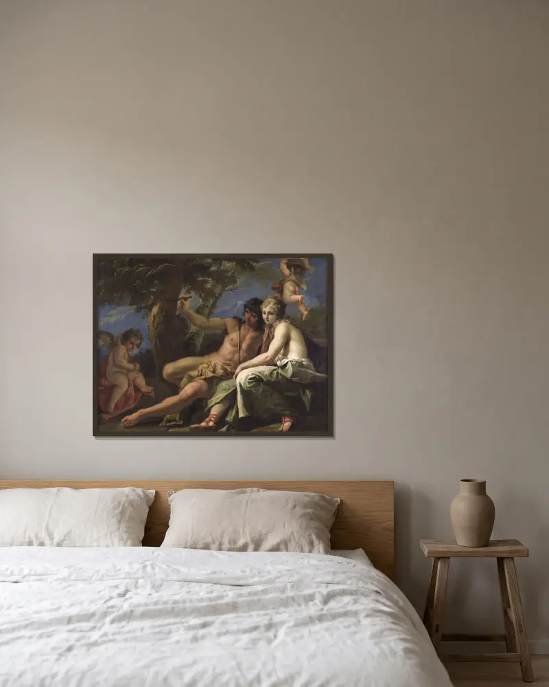 Angelica and Medoro av Sebastiano Ricci inramad på en vägg