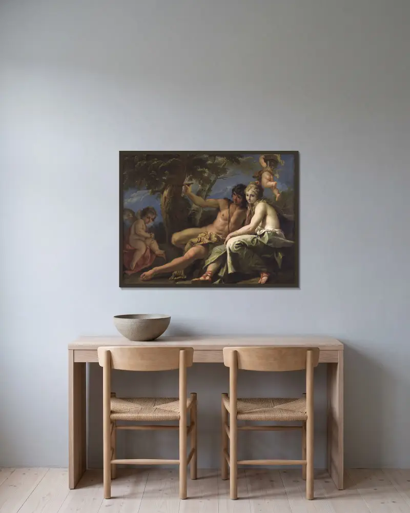 Angelica and Medoro av Sebastiano Ricci inramad på en vägg