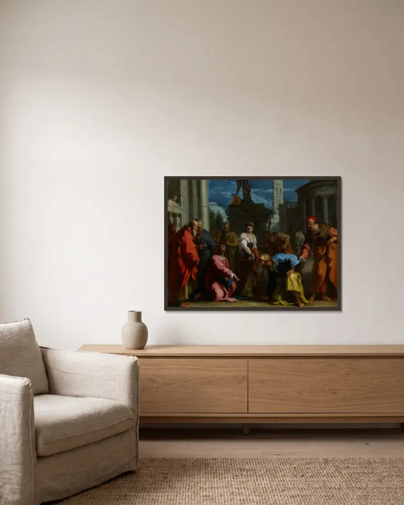 Christ and the Woman Taken in Adultery av Sebastiano Ricci inramad på en vägg