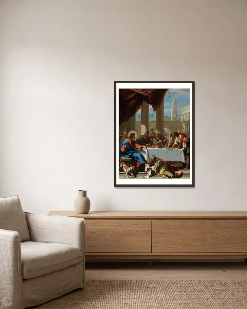 Christ In The House Of Simon av Sebastiano Ricci inramad på en vägg