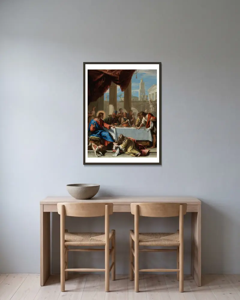 Christ In The House Of Simon av Sebastiano Ricci inramad på en vägg