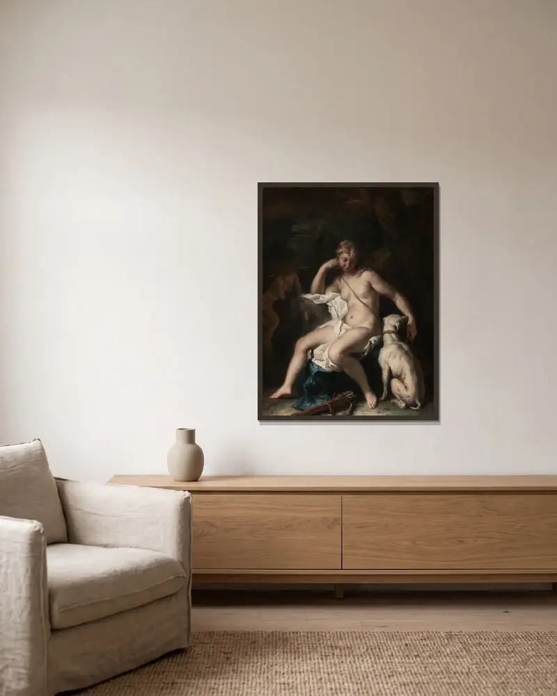 Diana and Her Dog av Sebastiano Ricci inramad på en vägg