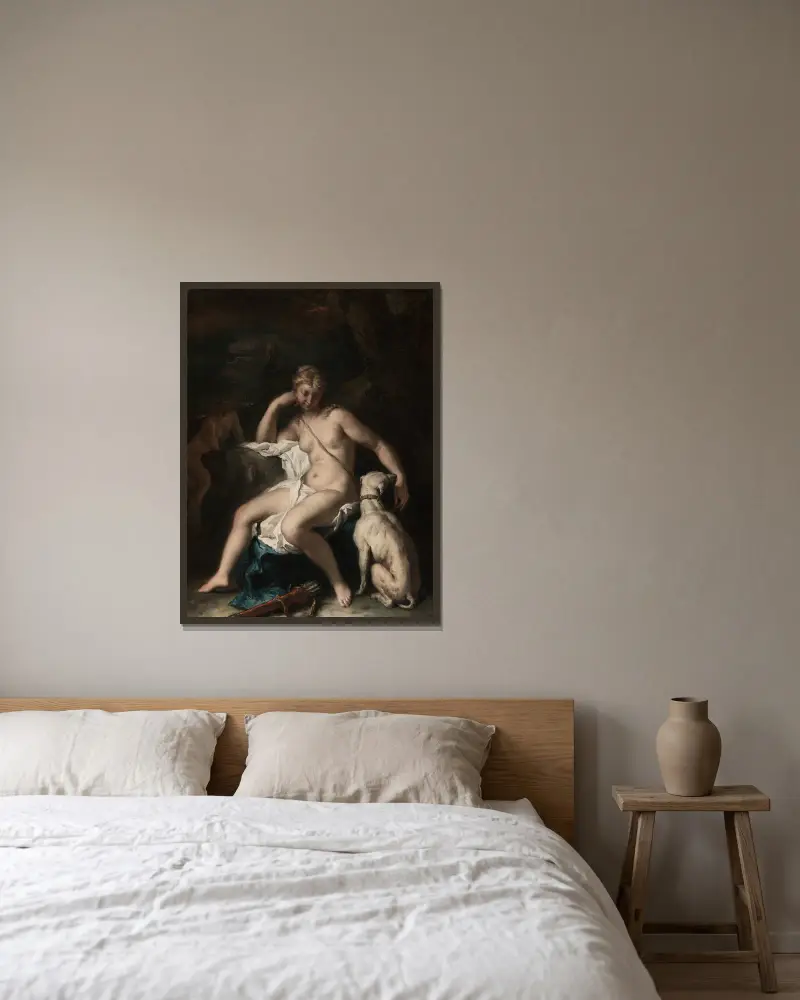 Diana and Her Dog av Sebastiano Ricci inramad på en vägg