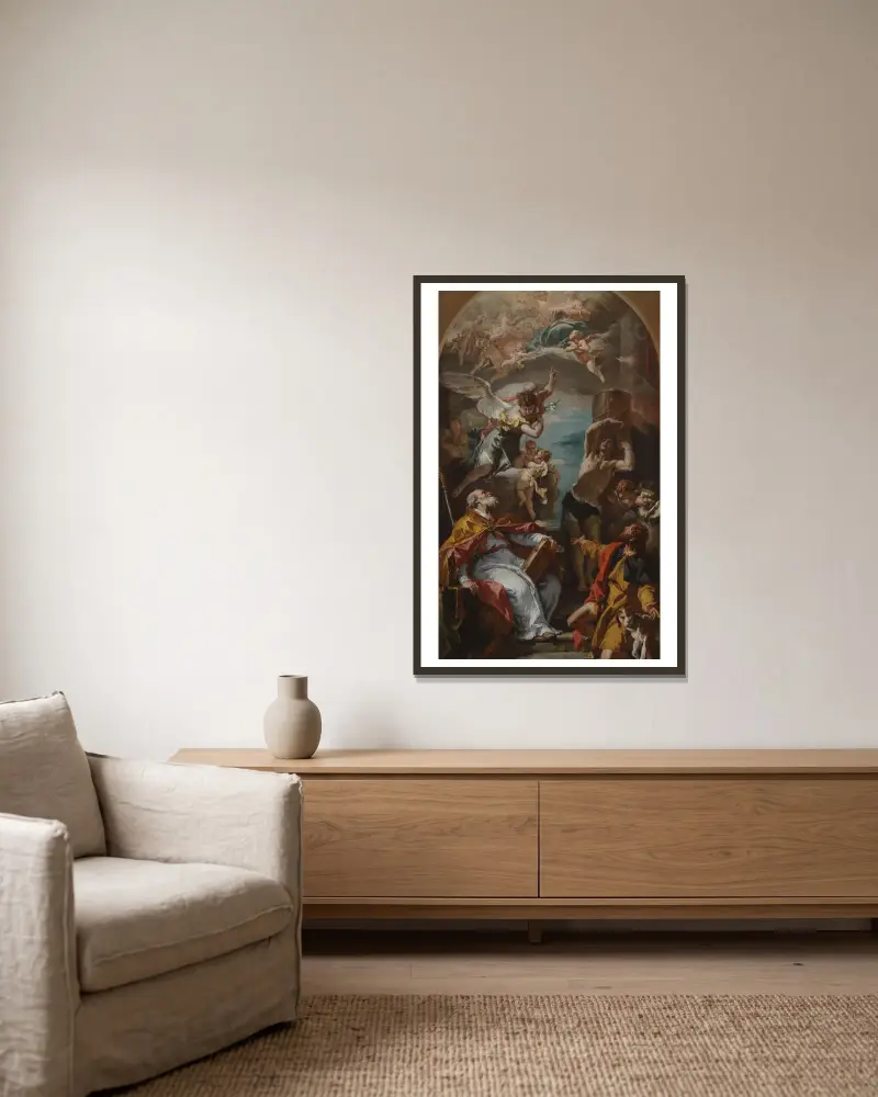 Glory of the Virgin with the Archangel Gabriel and Saints Eusebius, Roch, and Sebastian av Sebastiano Ricci inramad på en vägg