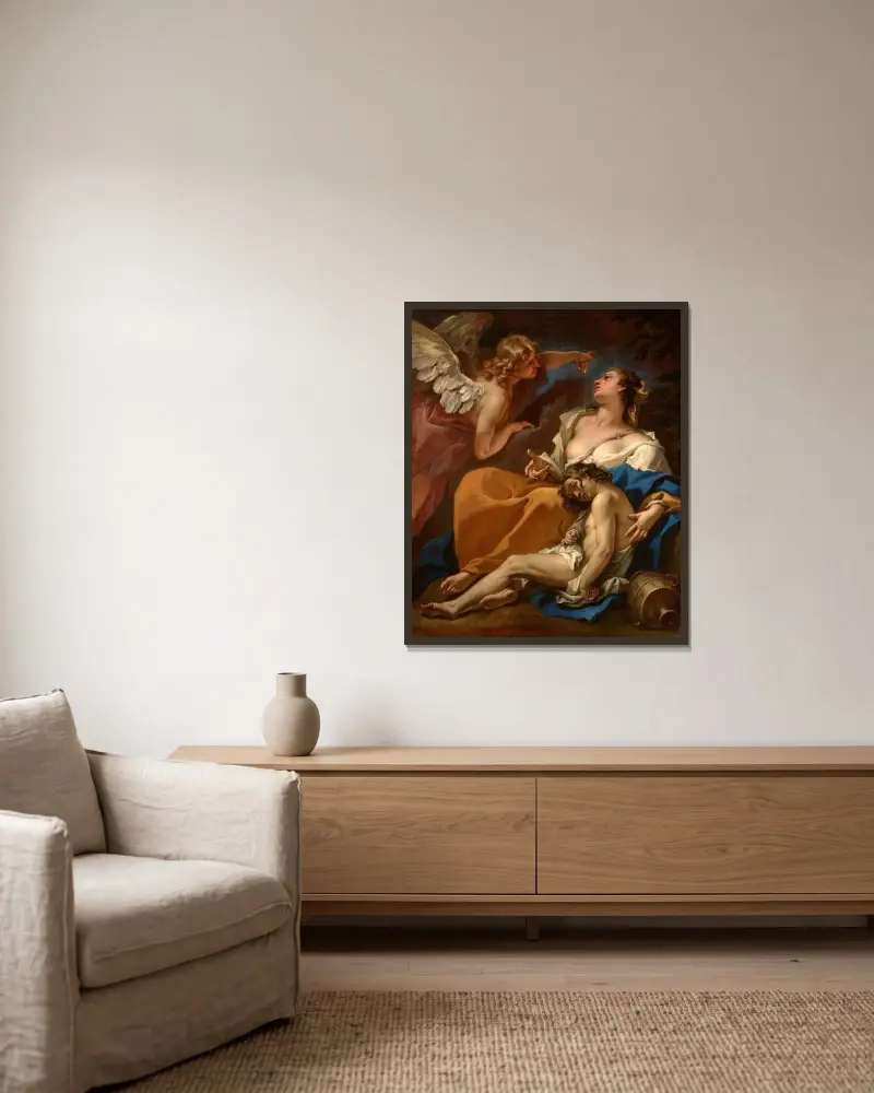 Hagar und Ismael werden vom Engel gerettet von Sebastiano Ricci gerahmt an einer Wand