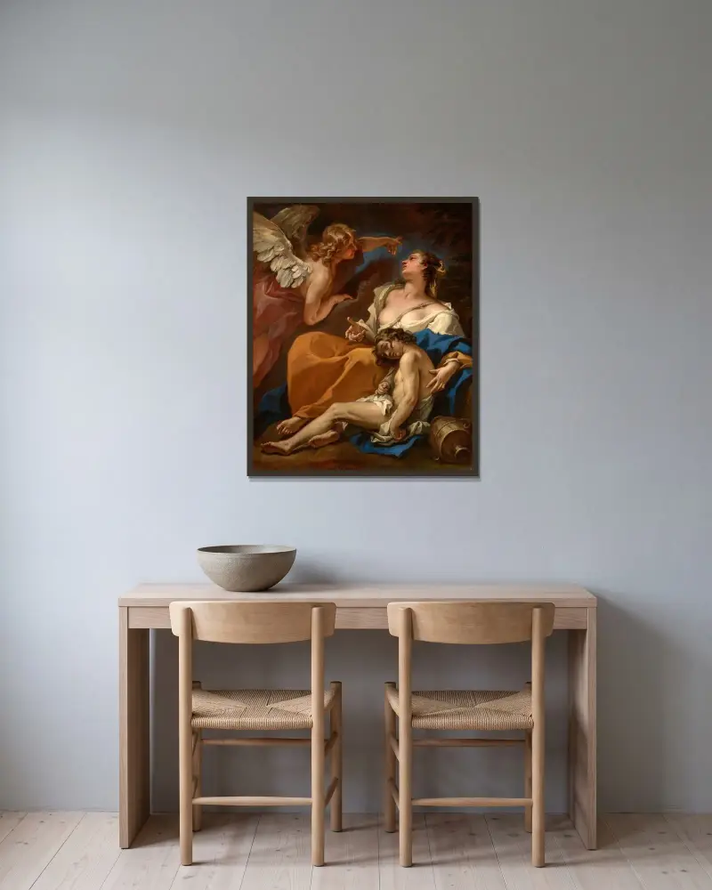 Hagar und Ismael werden vom Engel gerettet von Sebastiano Ricci gerahmt an einer Wand