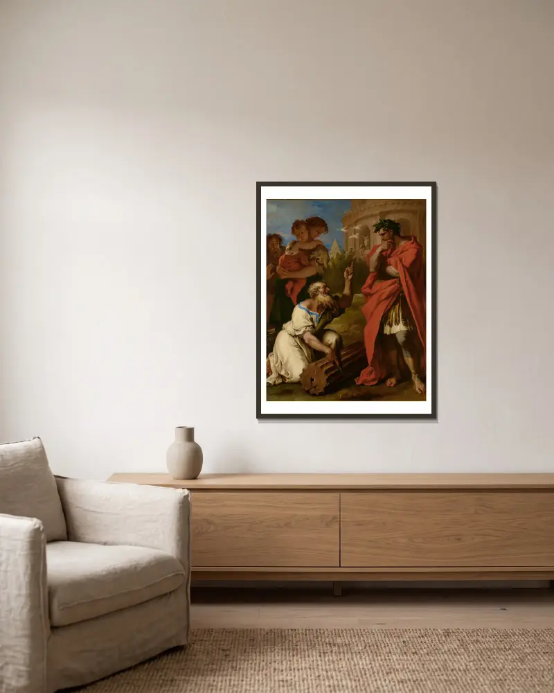 Tarquin the Elder Consulting Attus Navius av Sebastiano Ricci inramad på en vägg