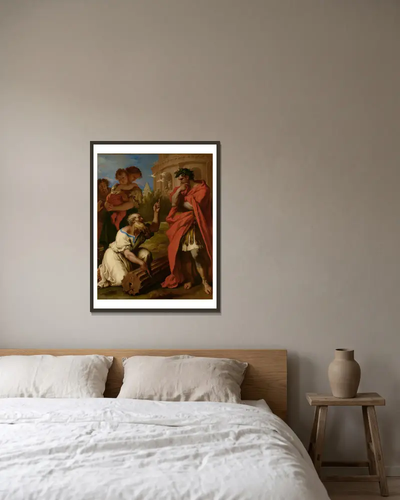 Tarquin the Elder Consulting Attus Navius av Sebastiano Ricci inramad på en vägg