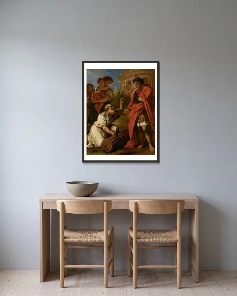 Tarquin the Elder Consulting Attus Navius av Sebastiano Ricci inramad på en vägg