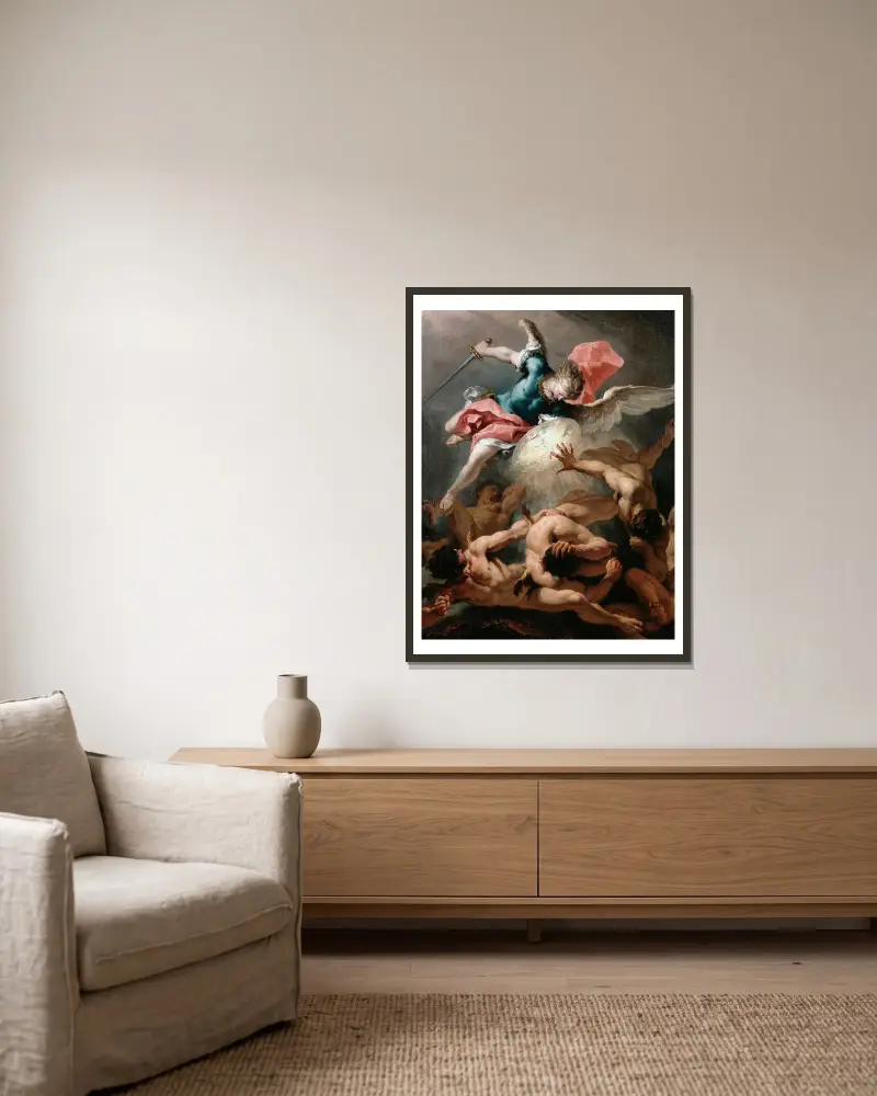 The Fall of the Rebel Angels av Sebastiano Ricci inramad på en vägg