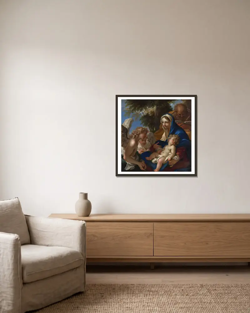 The Holy Family with Angels av Sebastiano Ricci inramad på en vägg