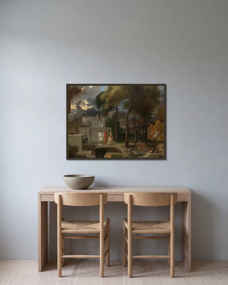 Eine klassische Landschaft von Sébastien Bourdon gerahmt an einer Wand
