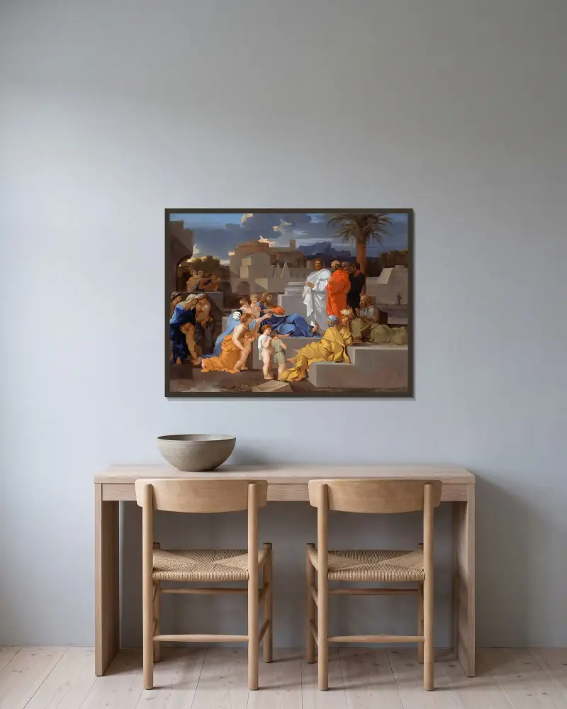 Christus nimmt die Kinder auf von Sébastien Bourdon gerahmt an einer Wand