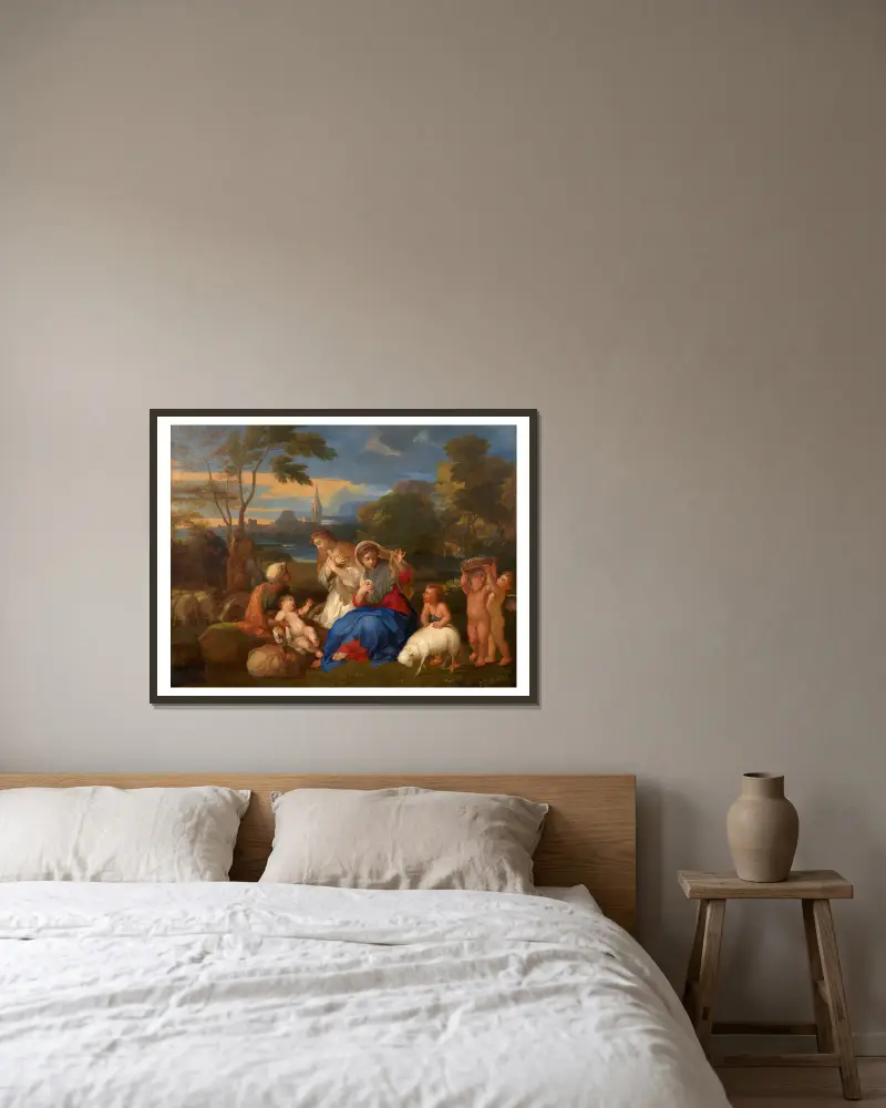 Le Repos de la Sainte Famille avec sainte Catherine av Sébastien Bourdon inramad på en vägg