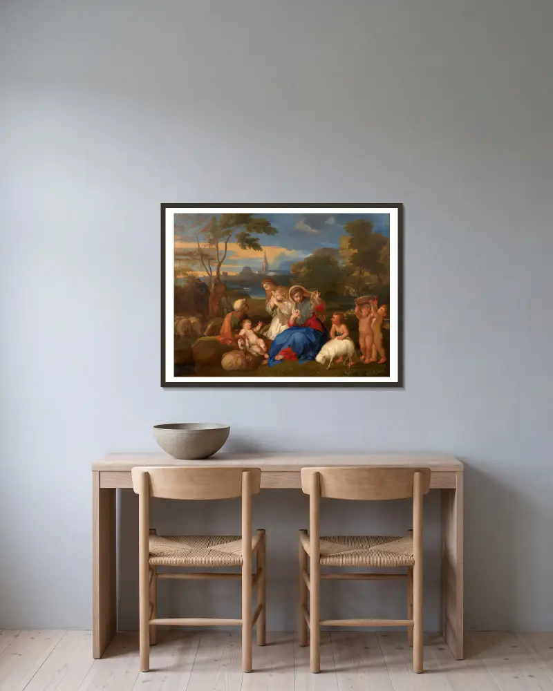 Le Repos de la Sainte Famille avec sainte Catherine av Sébastien Bourdon inramad på en vägg