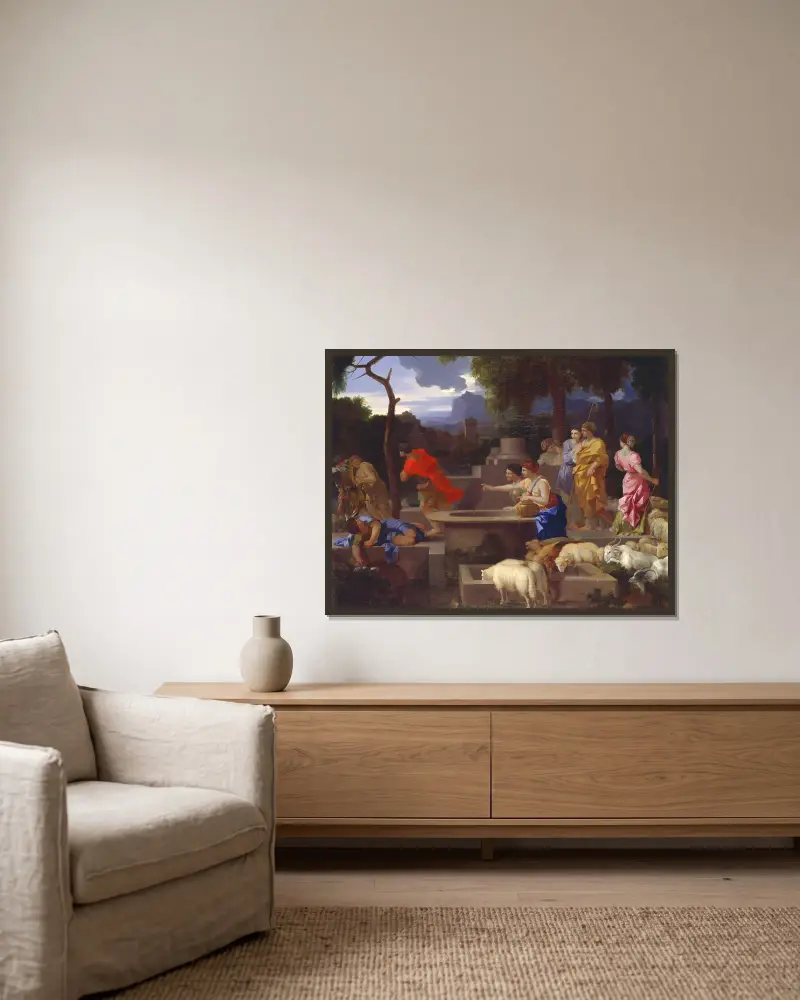Moses Defending the Daughters of Jethro av Sébastien Bourdon inramad på en vägg