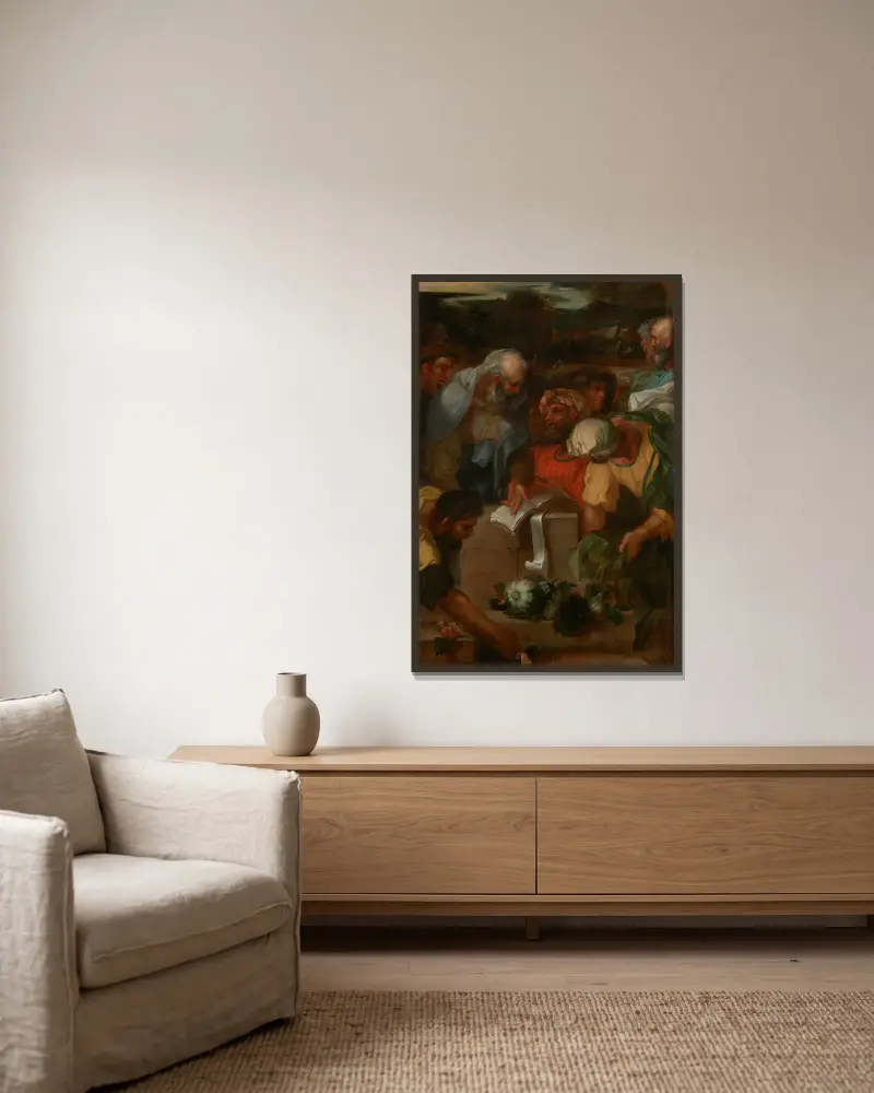 Presenting the Bikkurim (first fruits) at the Temple av Sébastien Bourdon inramad på en vägg