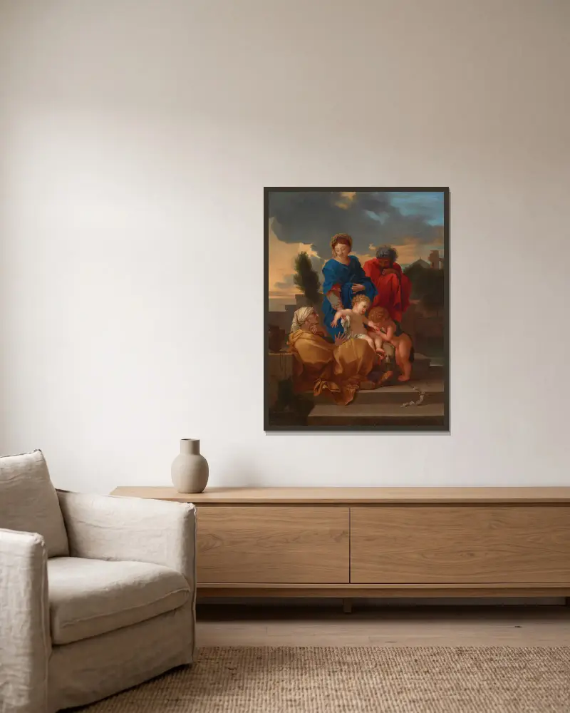 The Holy Family with Saint Elizabeth and the infant Saint John the Baptist – nr 2 av Sébastien Bourdon inramad på en vägg
