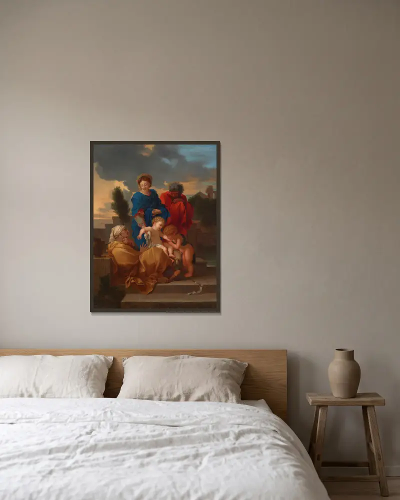 The Holy Family with Saint Elizabeth and the infant Saint John the Baptist – nr 2 av Sébastien Bourdon inramad på en vägg